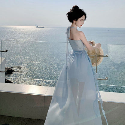 Summer Flowy Beach Vacation Lightweight Dress Backless Ruffles Halter Dress AP0299