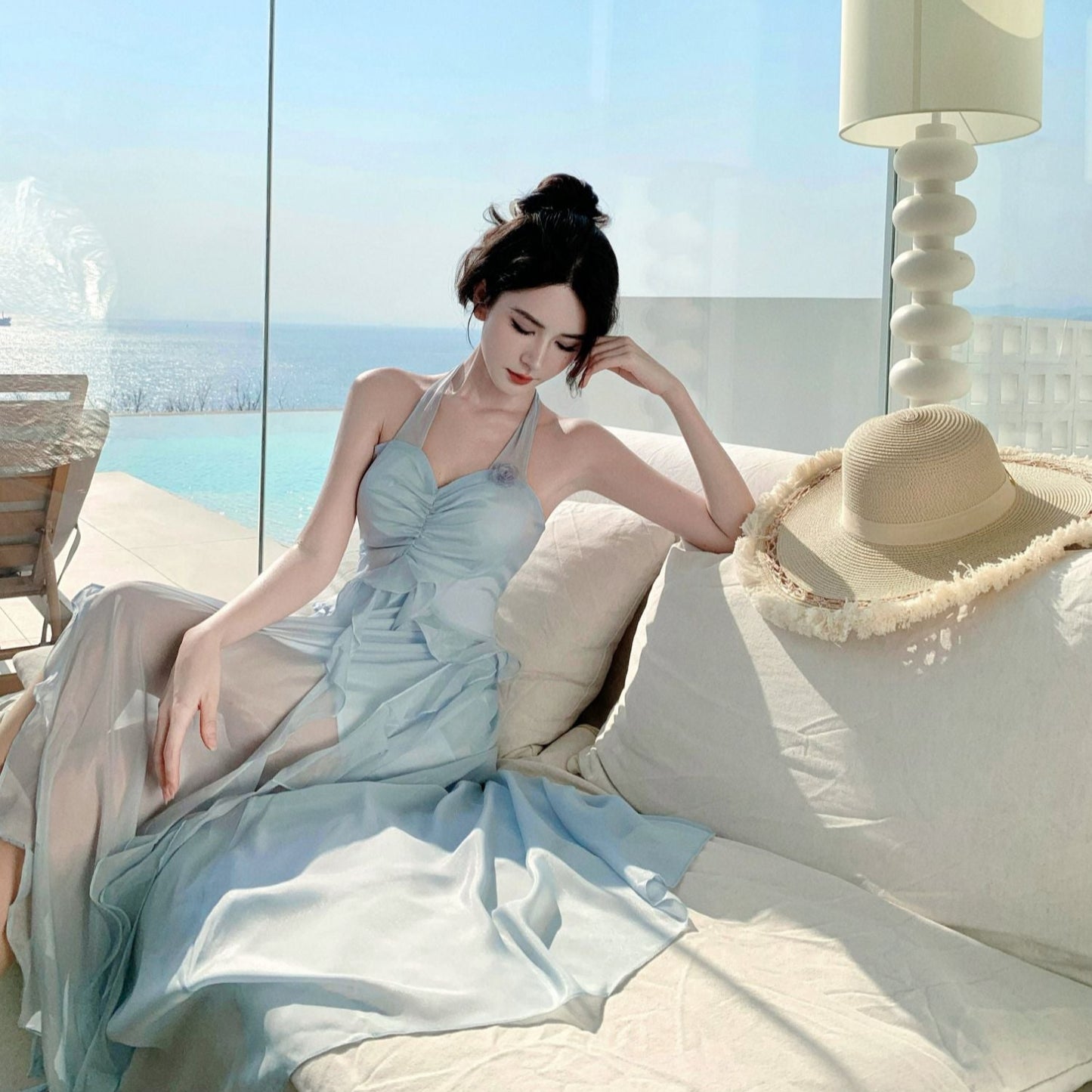 Summer Flowy Beach Vacation Lightweight Dress Backless Ruffles Halter Dress AP0299