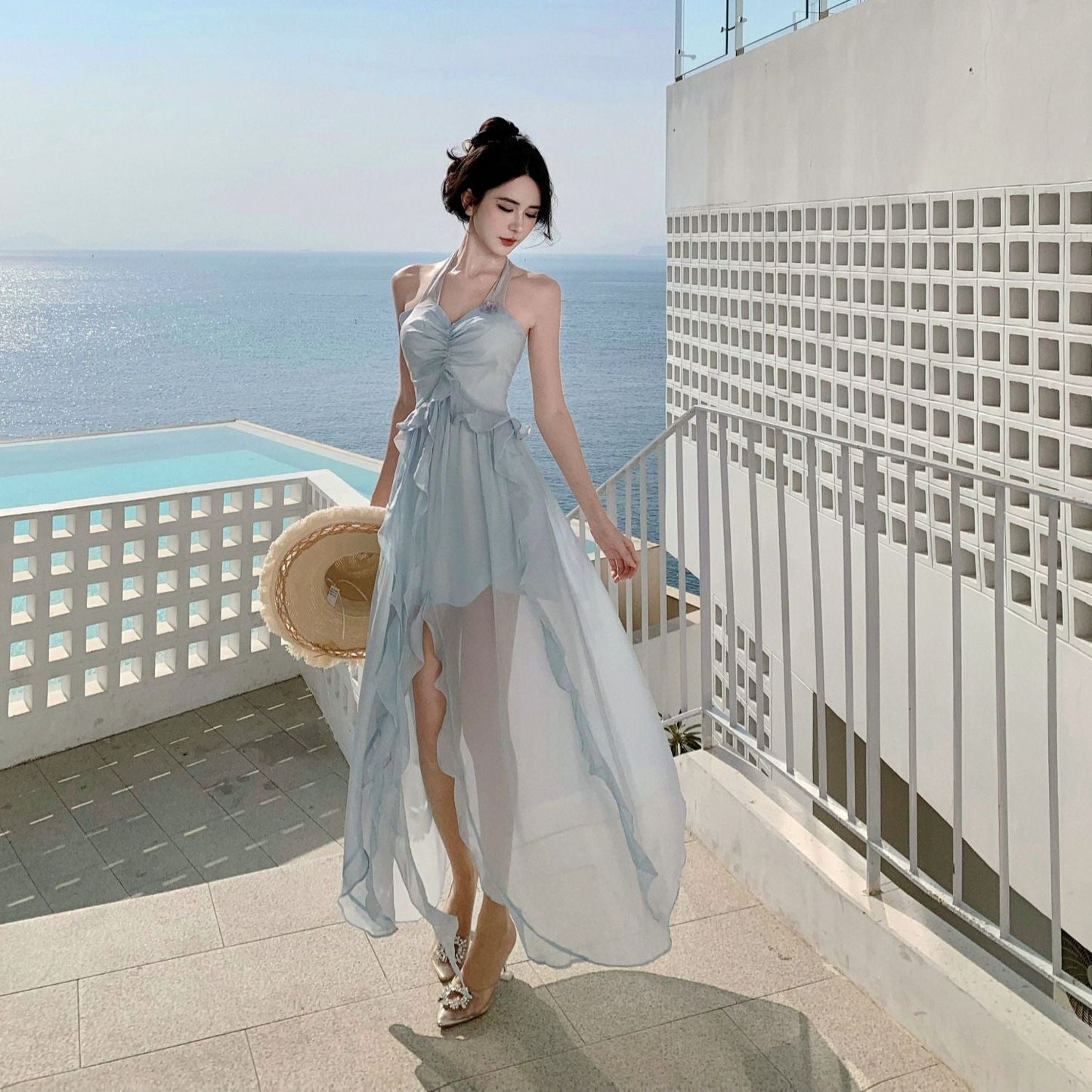 Summer Flowy Beach Vacation Lightweight Dress Backless Ruffles Halter Dress AP0299