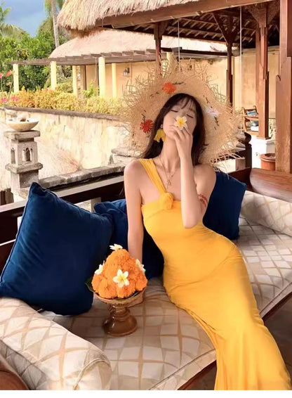 Summer New Stylish Flower Shape Ornament Sheath Elegant One Shoulder Strap Long Dress AP0300