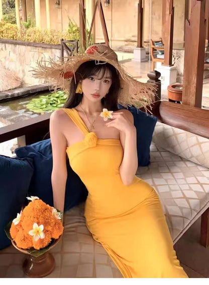 Summer New Stylish Flower Shape Ornament Sheath Elegant One Shoulder Strap Long Dress AP0300