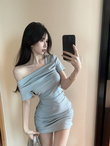 Newest One Shoulder Dress Asymmetrical Strap Summer Waist-Cinching Short Dress AP0301