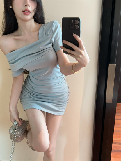 Newest One Shoulder Dress Asymmetrical Strap Summer Waist-Cinching Short Dress AP0301
