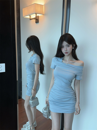 Newest One Shoulder Dress Asymmetrical Strap Summer Waist-Cinching Short Dress AP0301