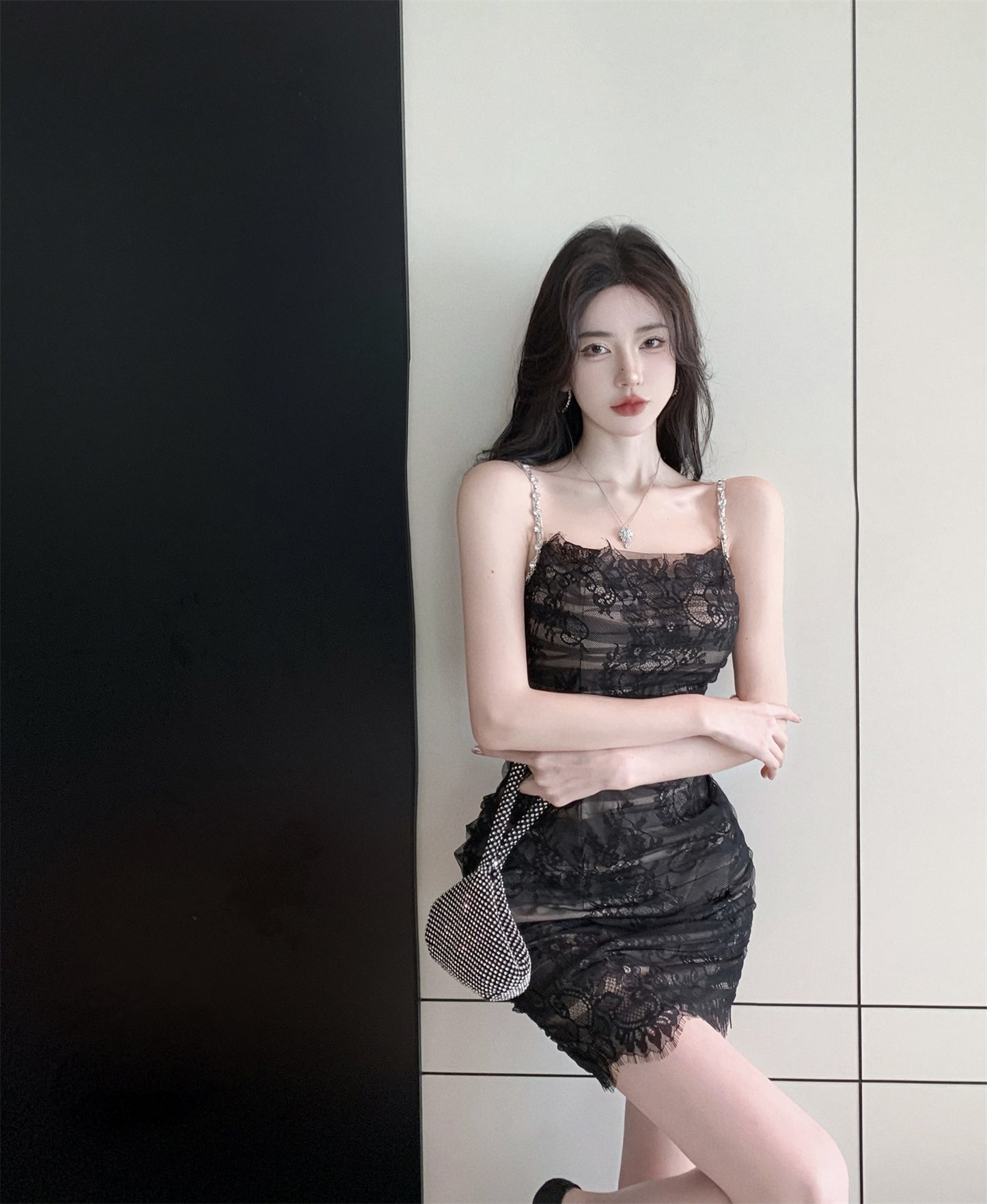 Charming Spaghetti Strap Dress Sheath Summer Skirt  Alluring Lace Design Bodycon Short Dress AP0302