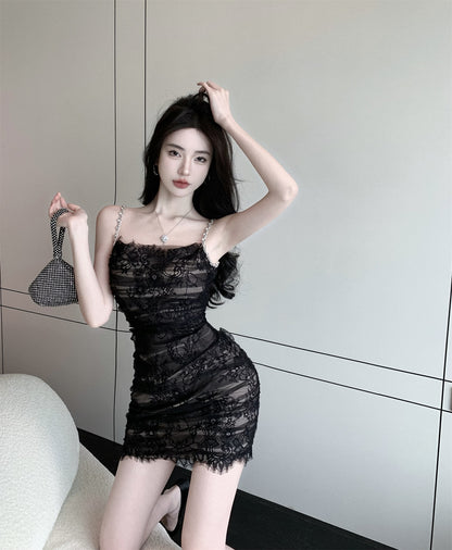Charming Spaghetti Strap Dress Sheath Summer Skirt  Alluring Lace Design Bodycon Short Dress AP0302
