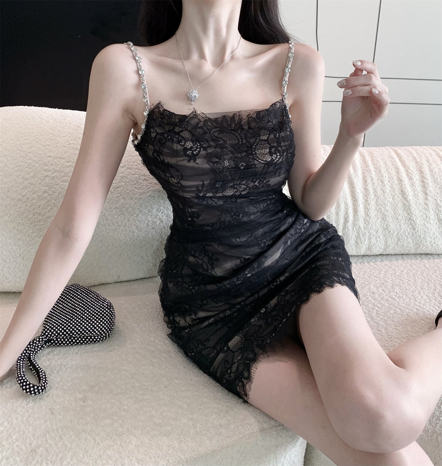 Charming Spaghetti Strap Dress Sheath Summer Skirt  Alluring Lace Design Bodycon Short Dress AP0302