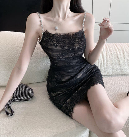 Charming Spaghetti Strap Dress Sheath Summer Skirt  Alluring Lace Design Bodycon Short Dress AP0302