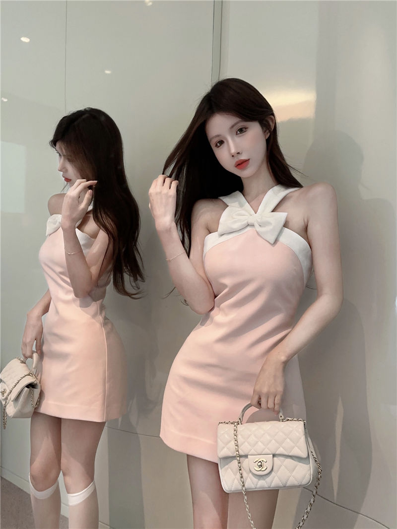 Charming Halter Bodycon Bow Decoration Cute Party Skirt Sleeveless Halter Short Dress AP0303
