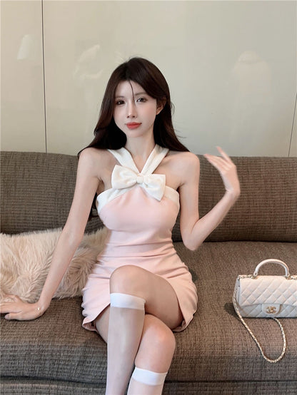 Charming Halter Bodycon Bow Decoration Cute Party Skirt Sleeveless Halter Short Dress AP0303