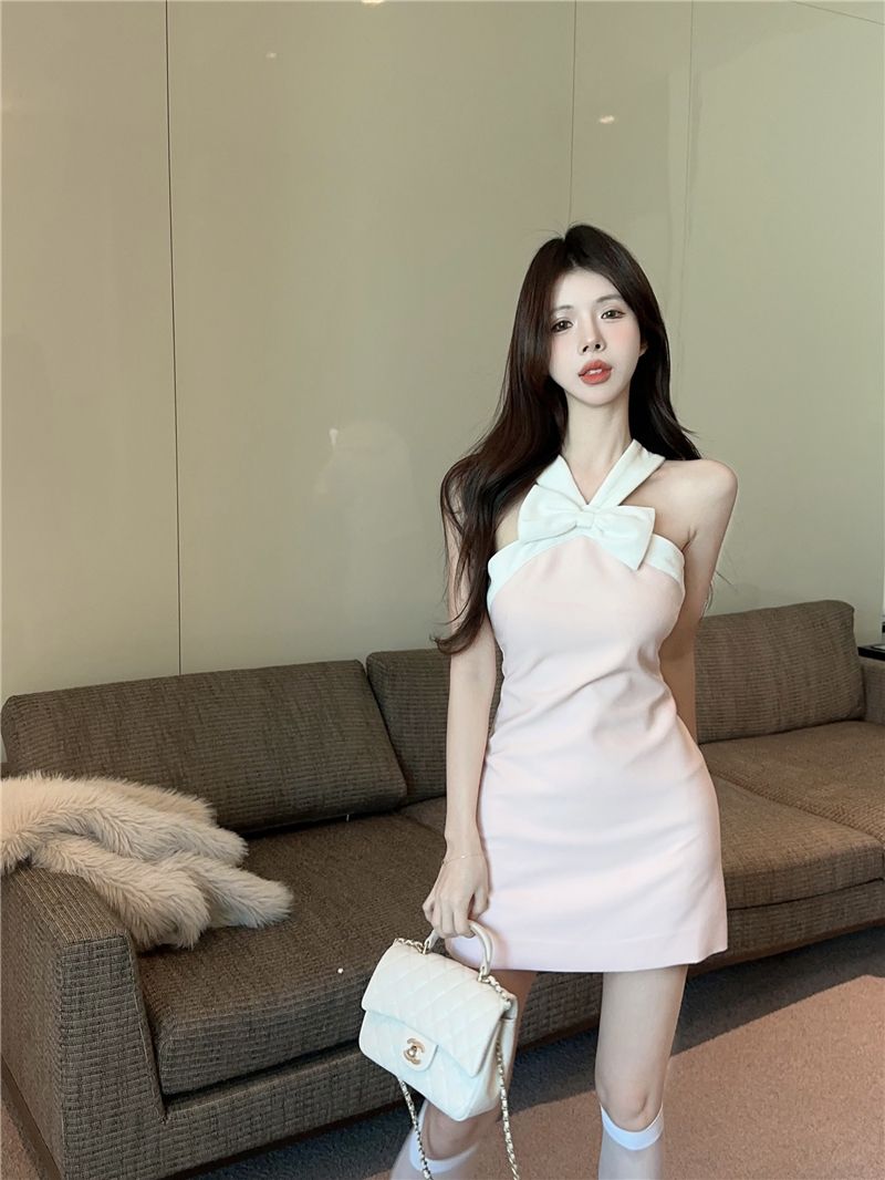 Charming Halter Bodycon Bow Decoration Cute Party Skirt Sleeveless Halter Short Dress AP0303