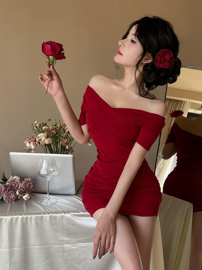 Off-Shoulder Charming Skirt Strapless Stretchy Fabric Bodycon Short Dress AP0304