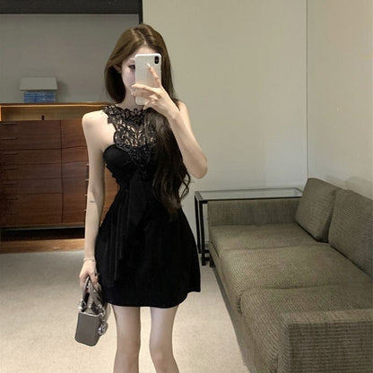 Morden Alluring Bodycon Lace Edge Party Skirt Sleeveless Halter Short Dress AP0311