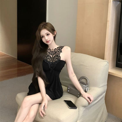 Morden Alluring Bodycon Lace Edge Party Skirt Sleeveless Halter Short Dress AP0311