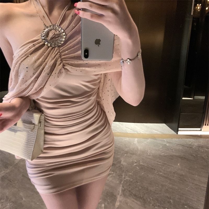 Elegant Off-Shoulder Skirt Halter Strap Stretchy Fabric Feast Party Bodycon Short Dress AP0312