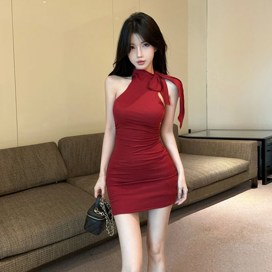 Feast Skirt Elegant Women Halter Strap Stretchy Fabric Ceremony Bodycon Short Dress AP0313