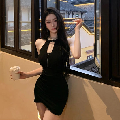 Summer Sleeveless Bodycon Birthday Party Skirt Stretchy Fabric Chic Halter Short Dress AP0315