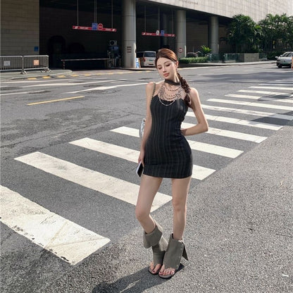 Y2K Style Stretchy Fabric Bodycon Seductive Mini Skirt Sleeveless Halter Short Dress AP0316