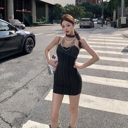 Y2K Style Stretchy Fabric Bodycon Seductive Mini Skirt Sleeveless Halter Short Dress AP0316