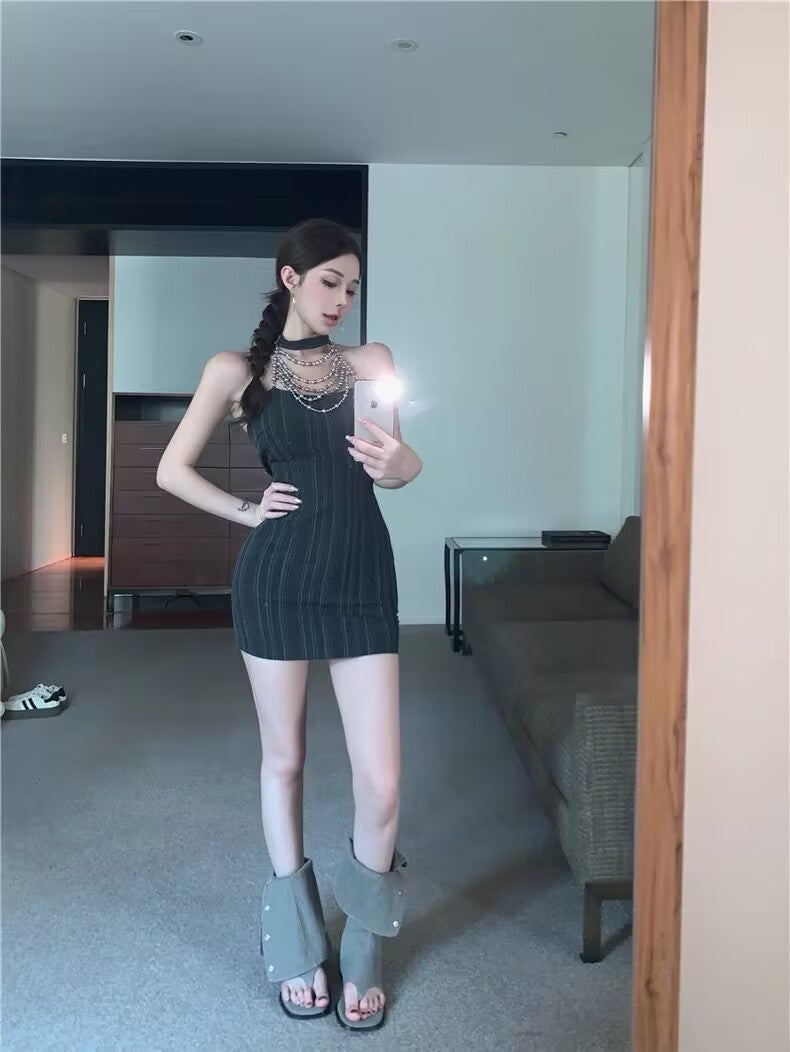 Y2K Style Stretchy Fabric Bodycon Seductive Mini Skirt Sleeveless Halter Short Dress AP0316