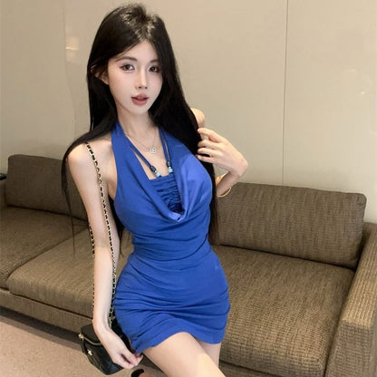 Gen Z Style Sleeveless Mini Skirt Stretchy Fabric Bodycon Seductive Halter Short Dress AP0318