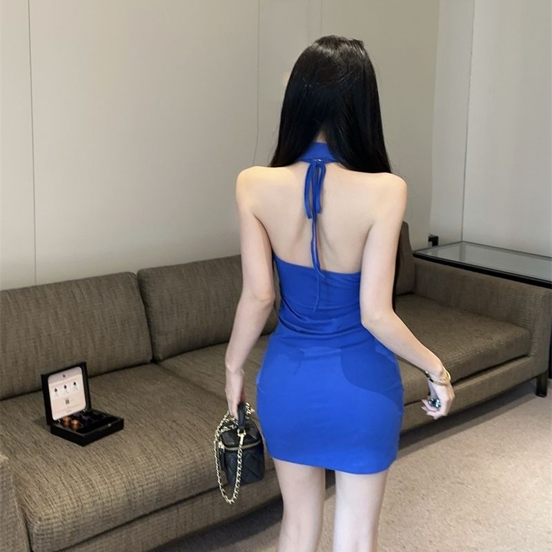 Gen Z Style Sleeveless Mini Skirt Stretchy Fabric Bodycon Seductive Halter Short Dress AP0318