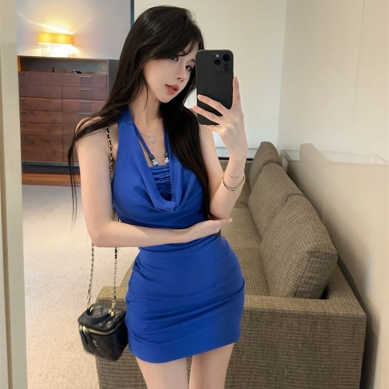 Gen Z Style Sleeveless Mini Skirt Stretchy Fabric Bodycon Seductive Halter Short Dress AP0318