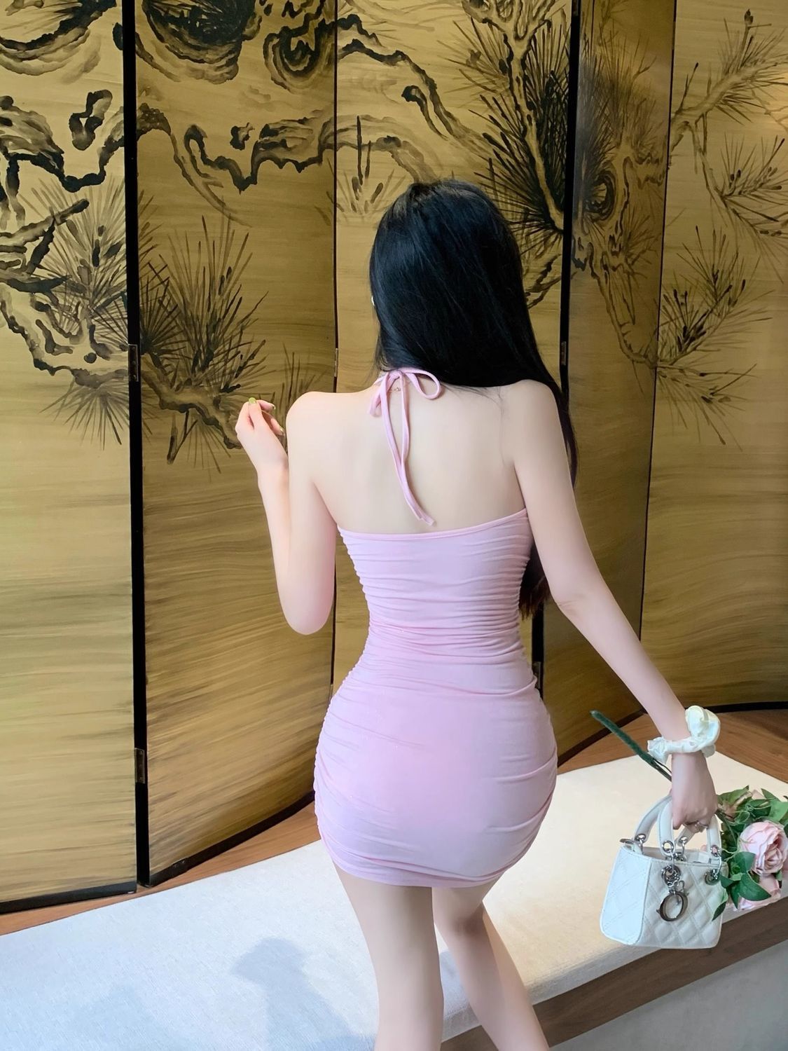 Cute Stretchy Fabric Sleeveless Mini Skirt Gen Z Style Halter Short Dress AP0319