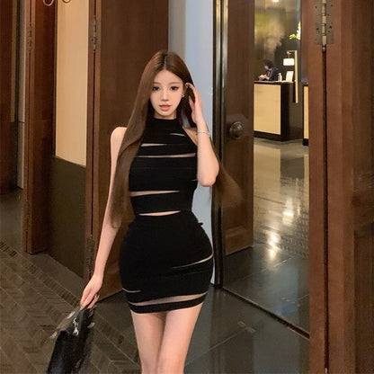 Hot Girl Aesthetic Gen Z Style Mini Skirt Stretchy Fabric Sleeveless Halter Short Dress AP0320