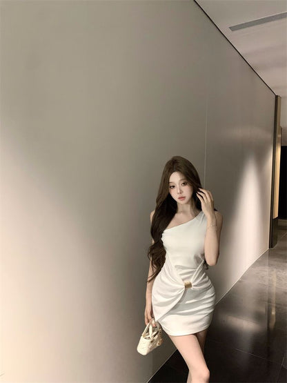 Everyday Wear One Shoulder Feast Party Asymmetrical Strap Hip-Hugging Summer Short Dress AP0321