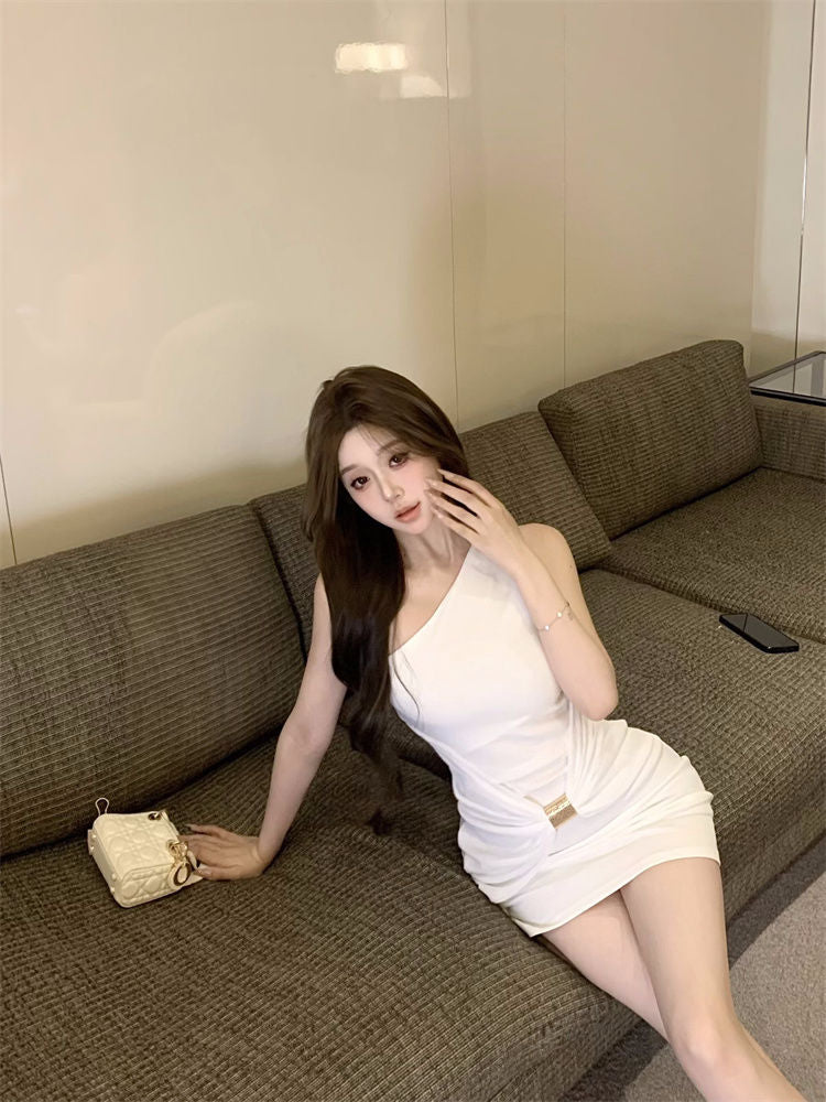 Everyday Wear One Shoulder Feast Party Asymmetrical Strap Hip-Hugging Summer Short Dress AP0321