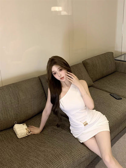 Everyday Wear One Shoulder Feast Party Asymmetrical Strap Hip-Hugging Summer Short Dress AP0321