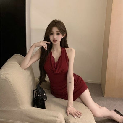 Feast Charming Halter Bodycon Mini Skirt Lace Verge Elegant Hip-Hugging Short Dress AP0323