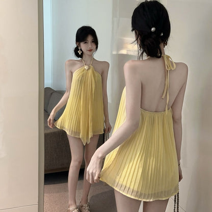 Backless Gen Z Style Mini Skirt Feast Party Sleeveless Flowy Hem Halter Short Dress AP0329