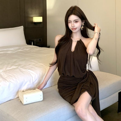 Summer Sleeveless Bodycon Chic Skirt  Backless Stretchy Fabric V Neck Halter Short Dress AP0330