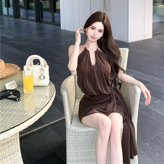 Summer Sleeveless Bodycon Chic Skirt  Backless Stretchy Fabric V Neck Halter Short Dress AP0330