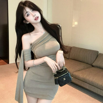 Novelty Off-Shoulder Asymmetric Strap Hip-Hugging Dress Bizarre DesignBodycon Short Dress AP0331