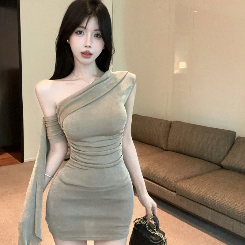 Novelty Off-Shoulder Asymmetric Strap Hip-Hugging Dress Bizarre DesignBodycon Short Dress AP0331