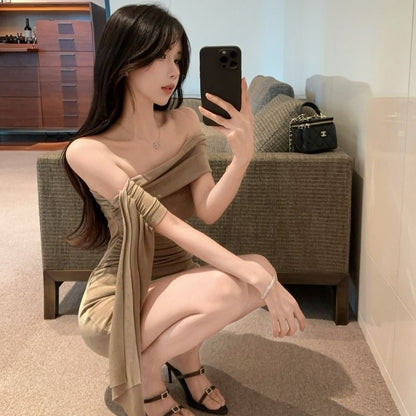 Novelty Off-Shoulder Asymmetric Strap Hip-Hugging Dress Bizarre DesignBodycon Short Dress AP0331