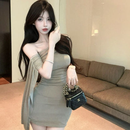 Novelty Off-Shoulder Asymmetric Strap Hip-Hugging Dress Bizarre DesignBodycon Short Dress AP0331