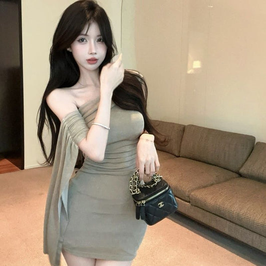 Novelty Off-Shoulder Asymmetric Strap Hip-Hugging Dress Bizarre DesignBodycon Short Dress AP0331