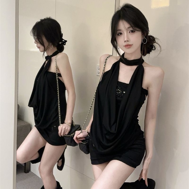 Stretchy Fabric Bodycon Mini Skirt Sleeveless Summer Flattering Halter Short Dress AP0332