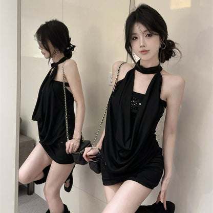 Stretchy Fabric Bodycon Mini Skirt Sleeveless Summer Flattering Halter Short Dress AP0332