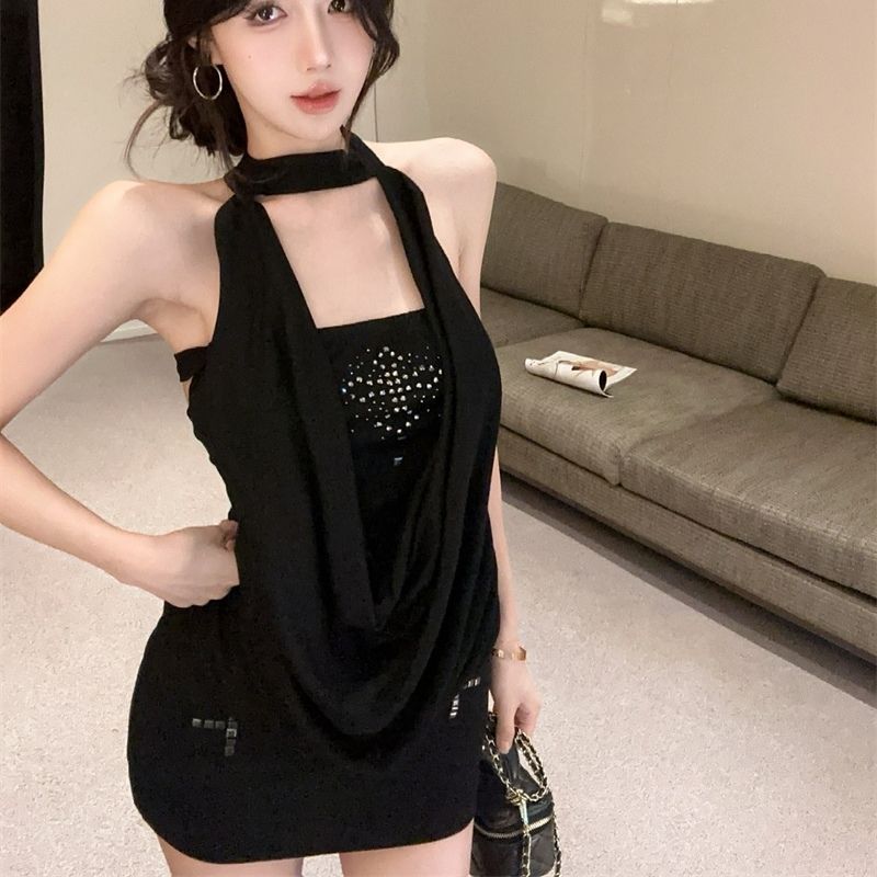 Stretchy Fabric Bodycon Mini Skirt Sleeveless Summer Flattering Halter Short Dress AP0332