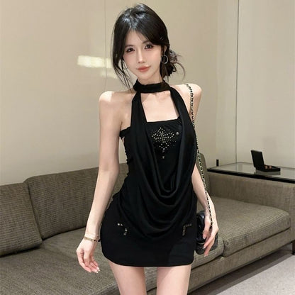 Stretchy Fabric Bodycon Mini Skirt Sleeveless Summer Flattering Halter Short Dress AP0332