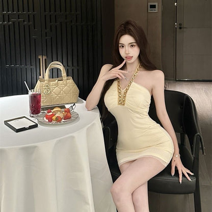 Flattering Feast Stretchy Fabric Bodycon Mini Skirt Sleeveless Party Halter Short Dress AP0333