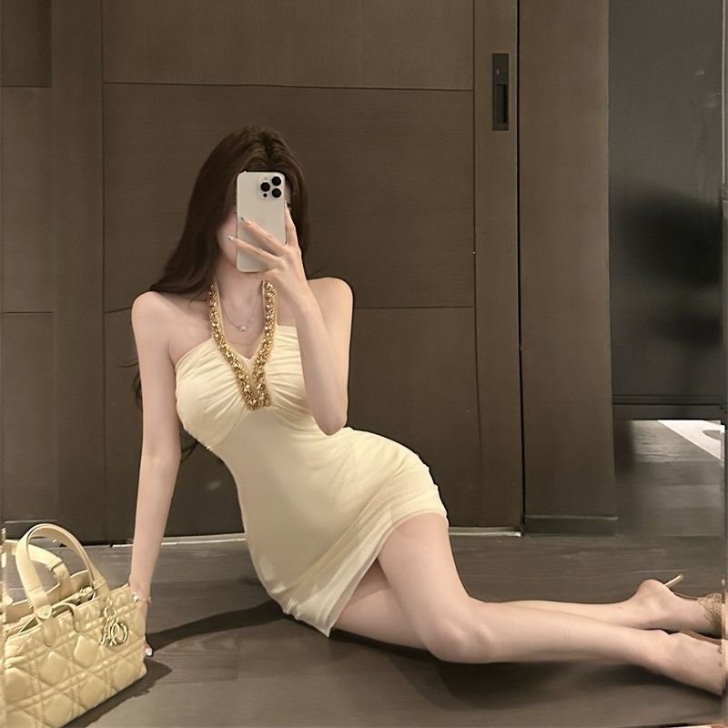 Flattering Feast Stretchy Fabric Bodycon Mini Skirt Sleeveless Party Halter Short Dress AP0333