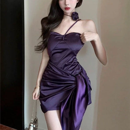 Glossy Fabric Stretchy Fabric Sleeveless Mini Skirt Spaghetti Strap Elegant Halter Short Dress AP0337