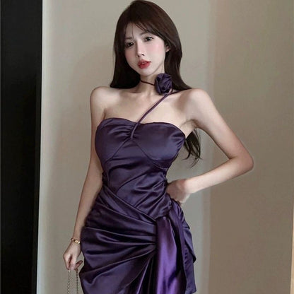 Glossy Fabric Stretchy Fabric Sleeveless Mini Skirt Spaghetti Strap Elegant Halter Short Dress AP0337