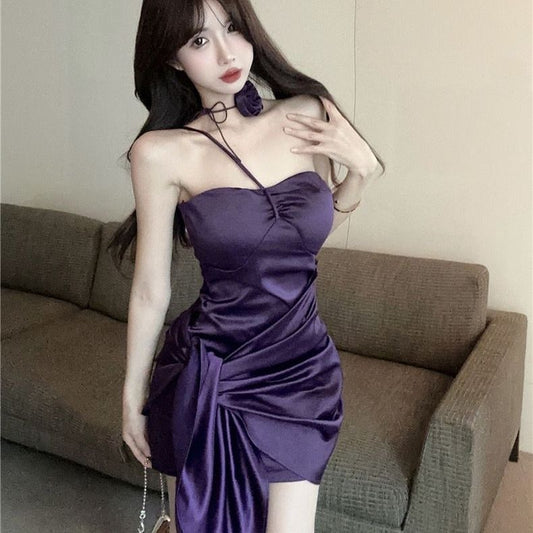 Glossy Fabric Stretchy Fabric Sleeveless Mini Skirt Spaghetti Strap Elegant Halter Short Dress AP0337